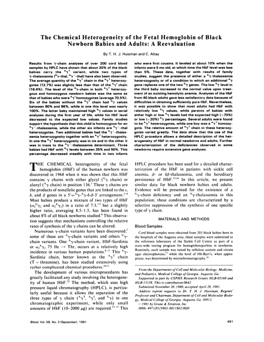 First page of The chemical heterogeneity of the fetal hemoglobin of black newborn babies and adults: a reevaluation
