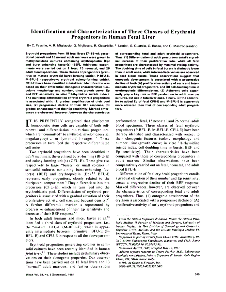 First page of Identification and characterization of three classes of erythroid progenitors in human fetal liver