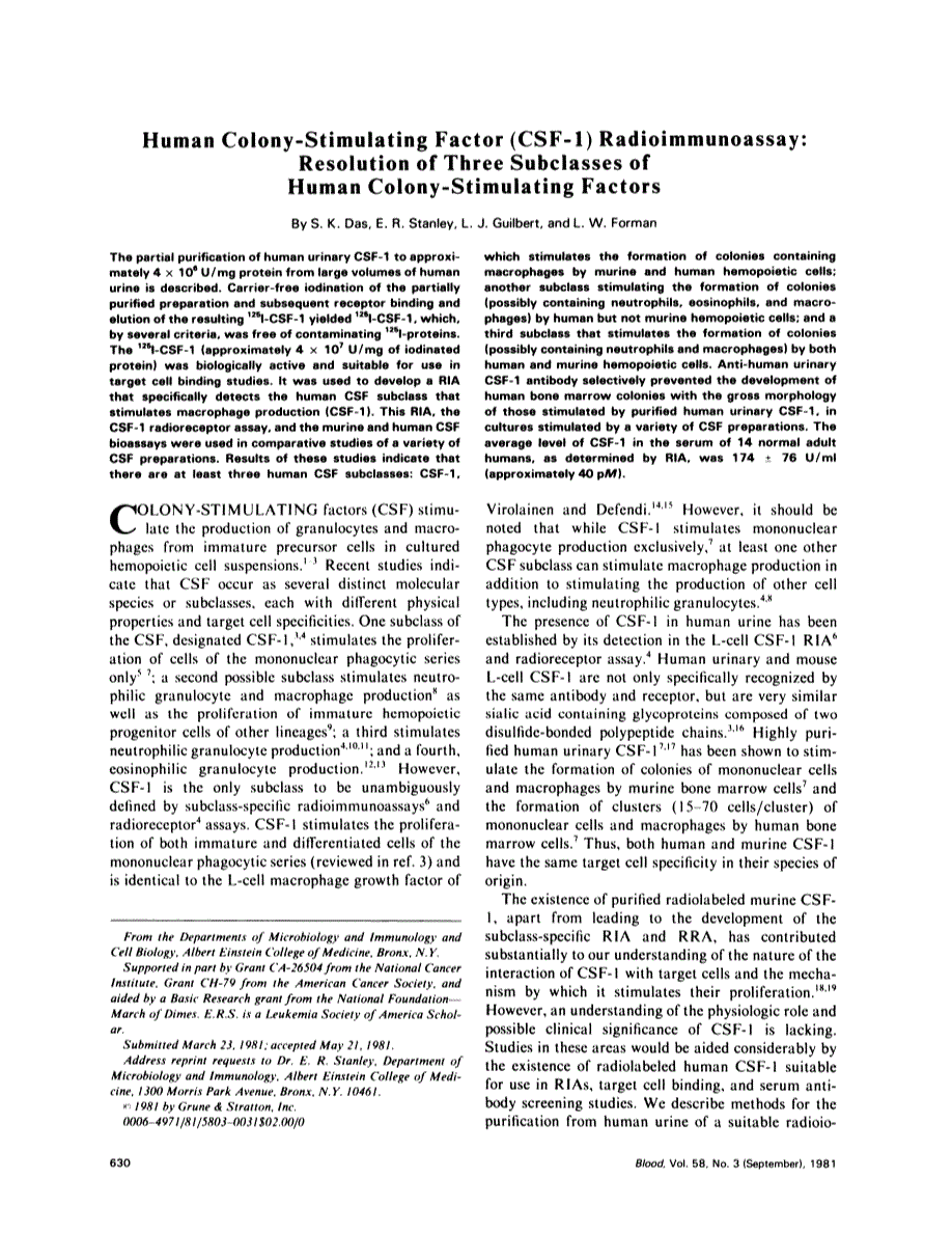 First page of Human colony-stimulating factor (CSF-1) radioimmunoassay: resolution of three subclasses of human colony-stimulating factors