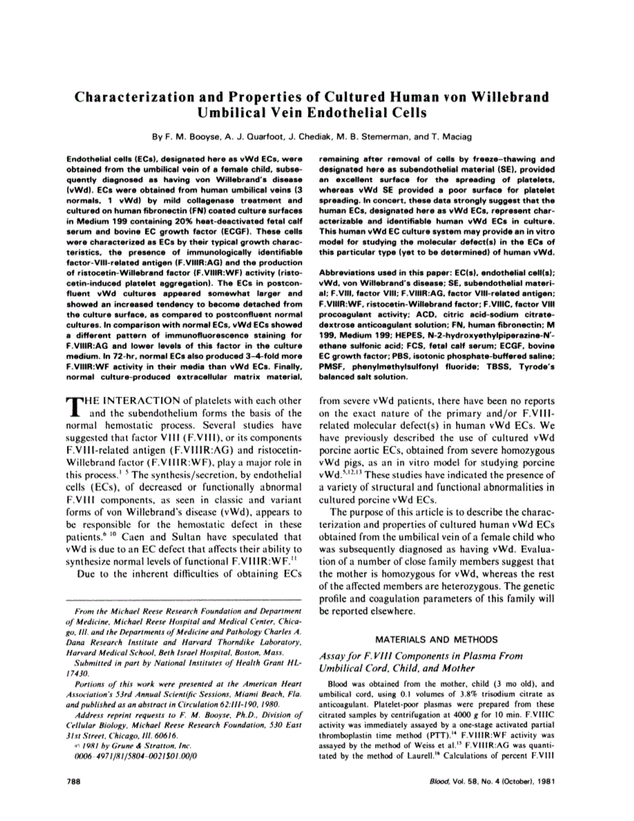 First page of Characterization and properties of cultured human von Willebrand umbilical vein endothelial cells