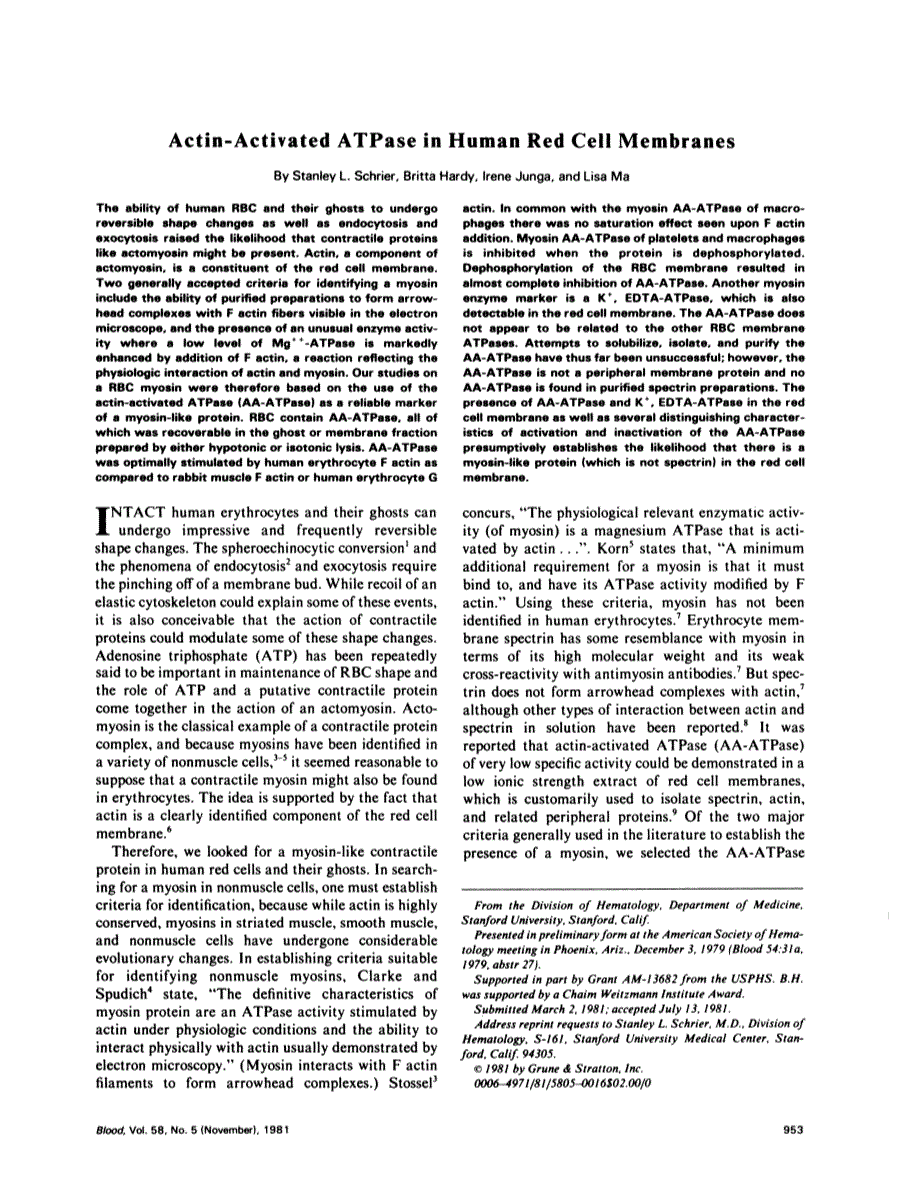 First page of Actin-activated ATPase in human red cell membranes