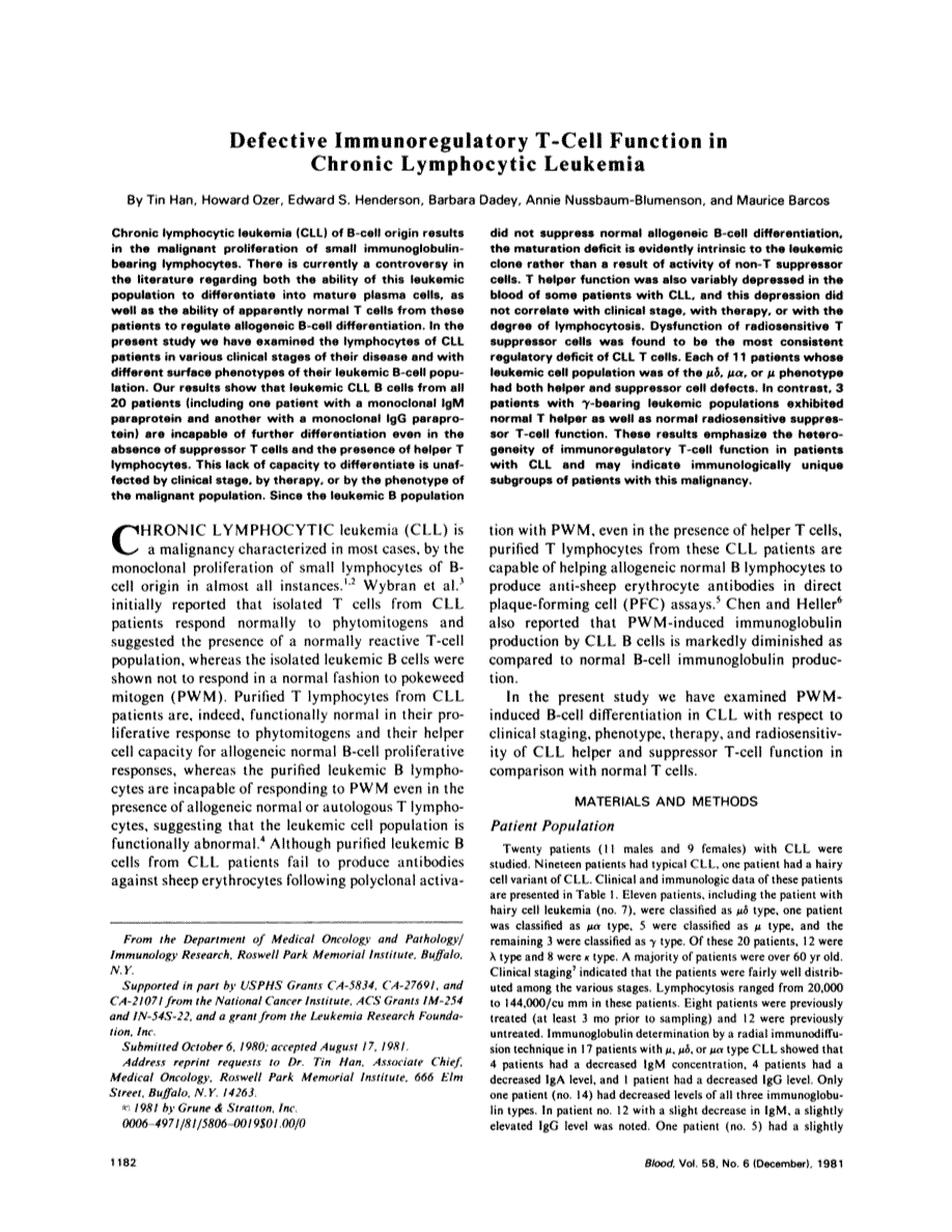 First page of Defective immunoregulatory T-cell function in chronic lymphocytic leukemia
