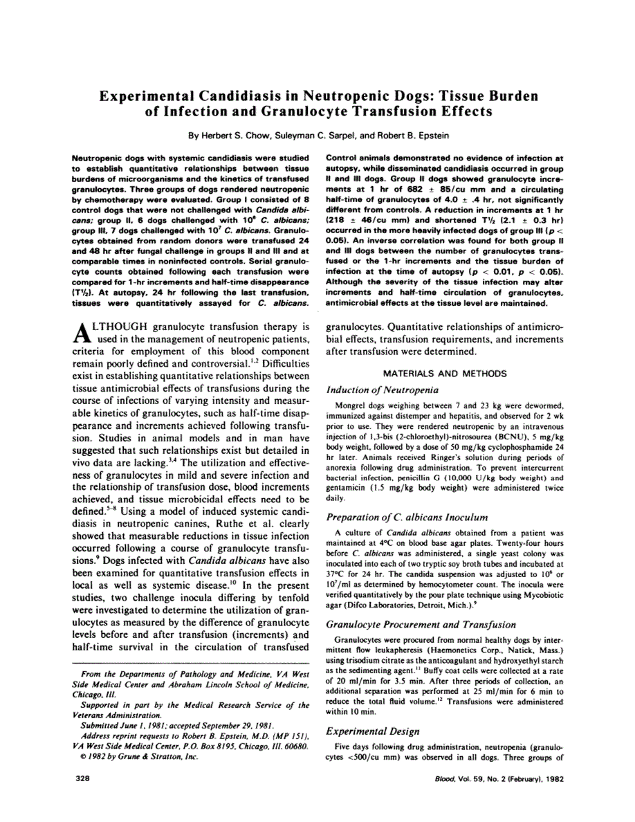 First page of Experimental candidiasis in neutropenic dogs: tissue burden of infection and granulocyte transfusion effects