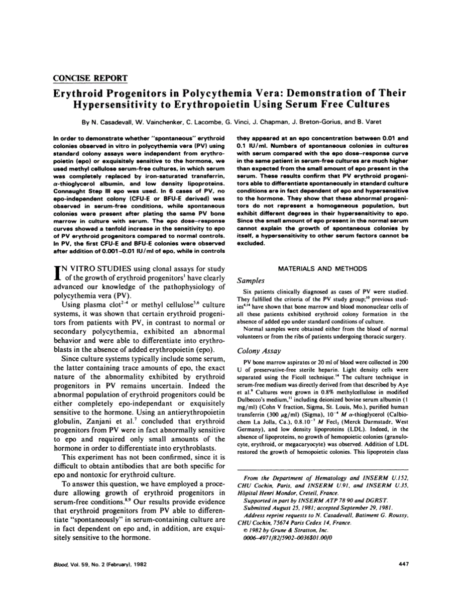 First page of Erythroid progenitors in polycythemia vera: demonstration of their hypersensitivity to erythropoietin using serum free cultures