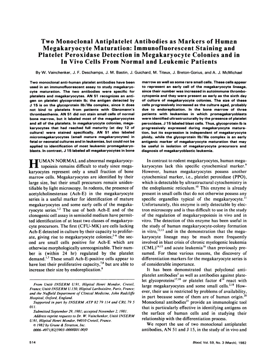 First page of Two monoclonal antiplatelet antibodies as markers of human megakaryocyte maturation: immunofluorescent staining and platelet peroxidase detection in megakaryocyte colonies and in in vivo cells from normal and leukemic patients