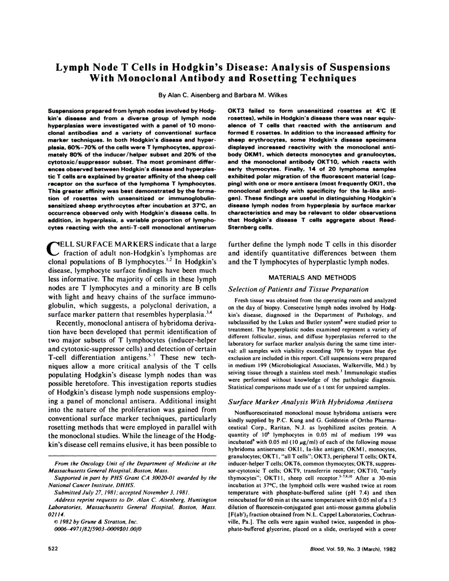 First page of Lymph node T cells in Hodgkin's disease: analysis of suspensions with monoclonal antibody and rosetting techniques