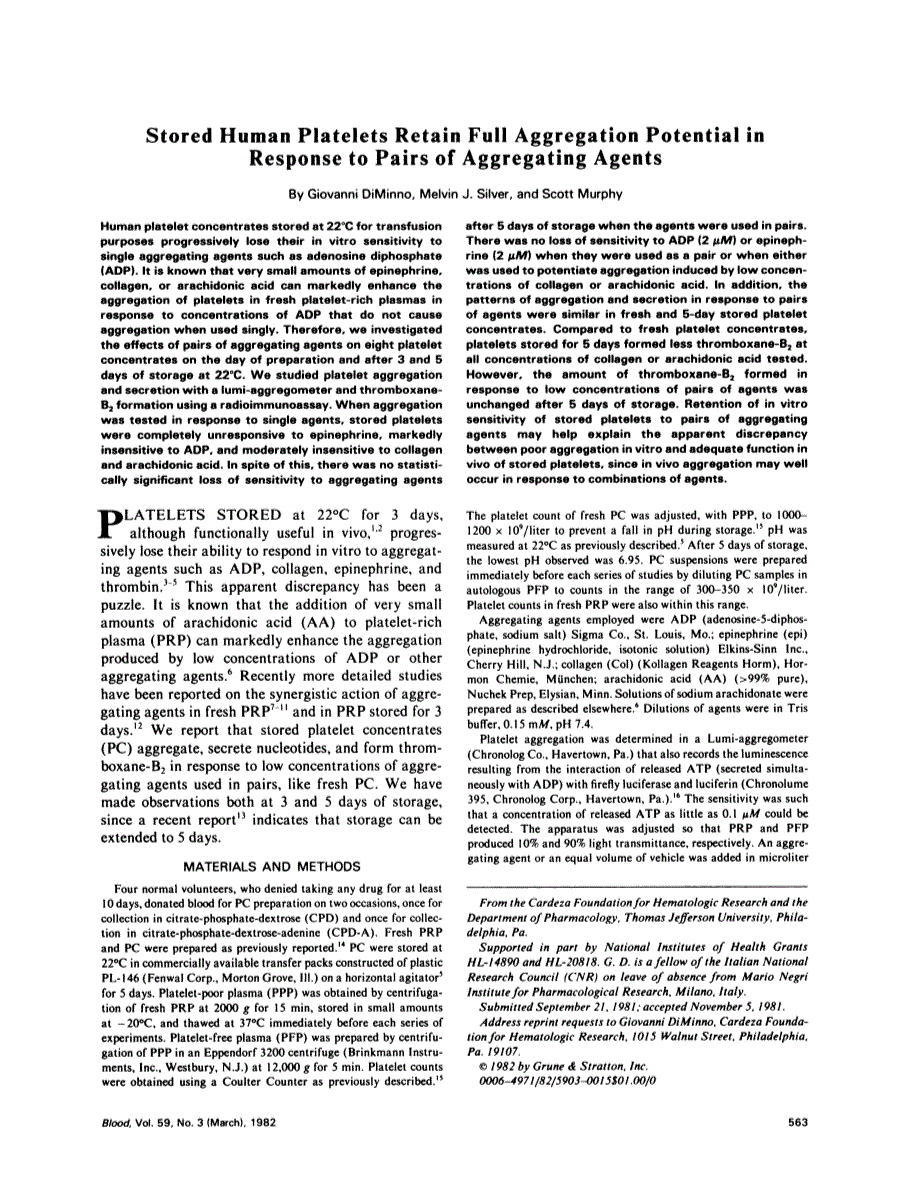 First page of Stored human platelets retain full aggregation potential in response to pairs of aggregating agents