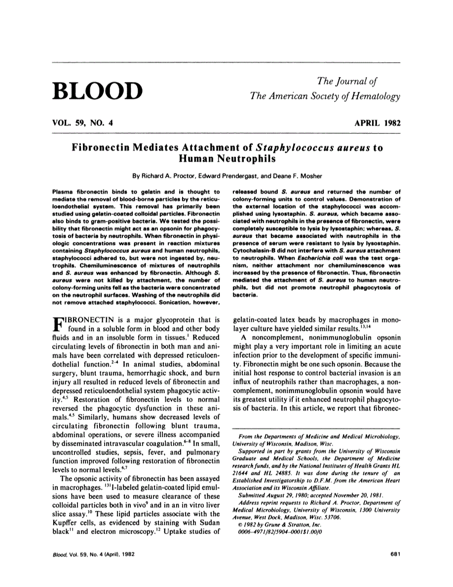 First page of Fibronectin mediates attachment of Staphylococcus aureus to human neutrophils