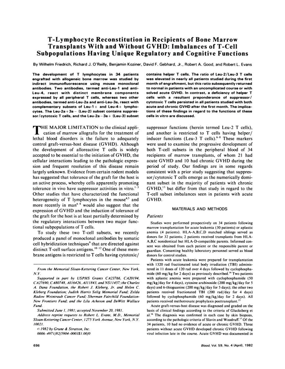 First page of T-lymphocyte reconstitution in recipients of bone marrow transplants with and without GVHD: imbalances of T-cell subpopulations having unique regulatory and cognitive functions