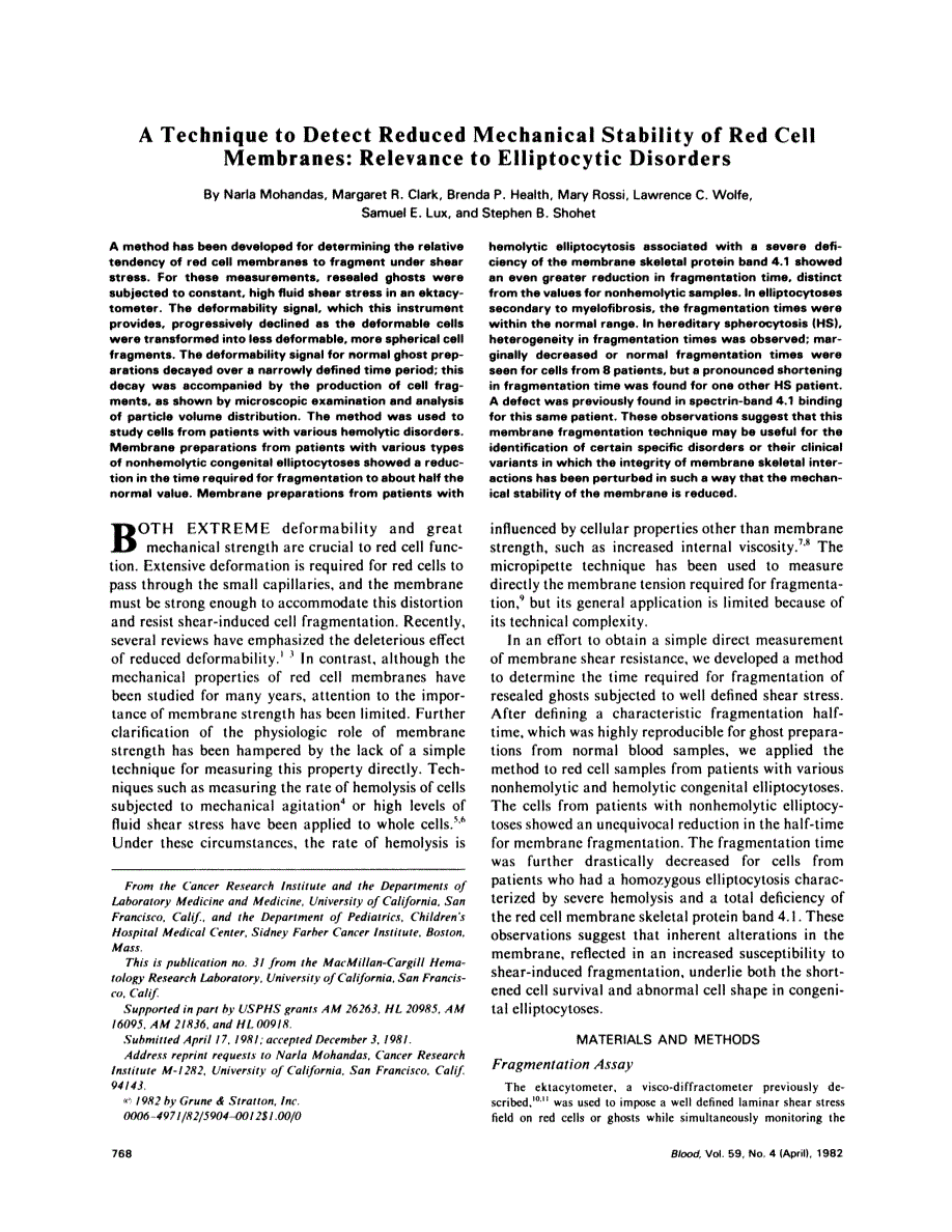 First page of A technique to detect reduced mechanical stability of red cell membranes: relevance to elliptocytic disorders