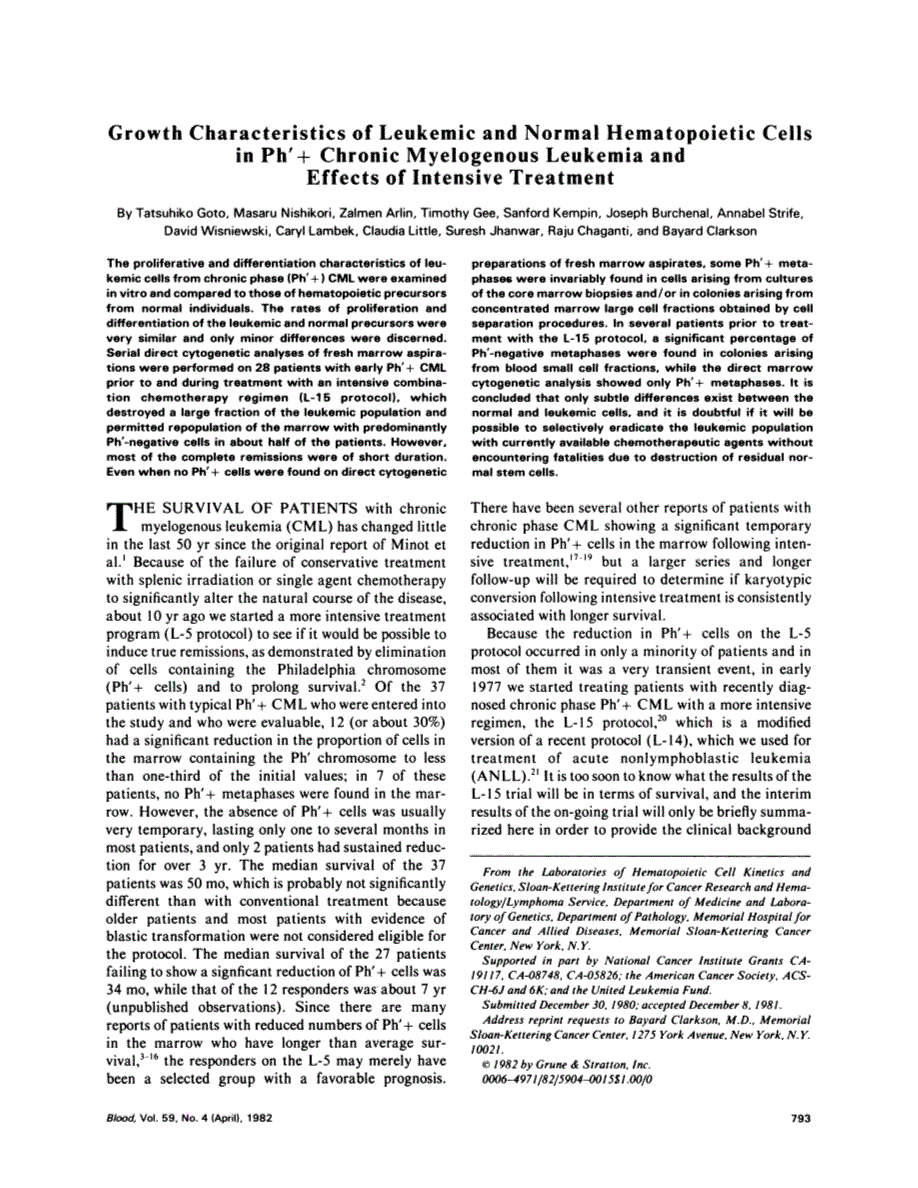 First page of Growth characteristics of leukemic and normal hematopoietic cells in Ph' + chronic myelogenous leukemia and effects of intensive treatment