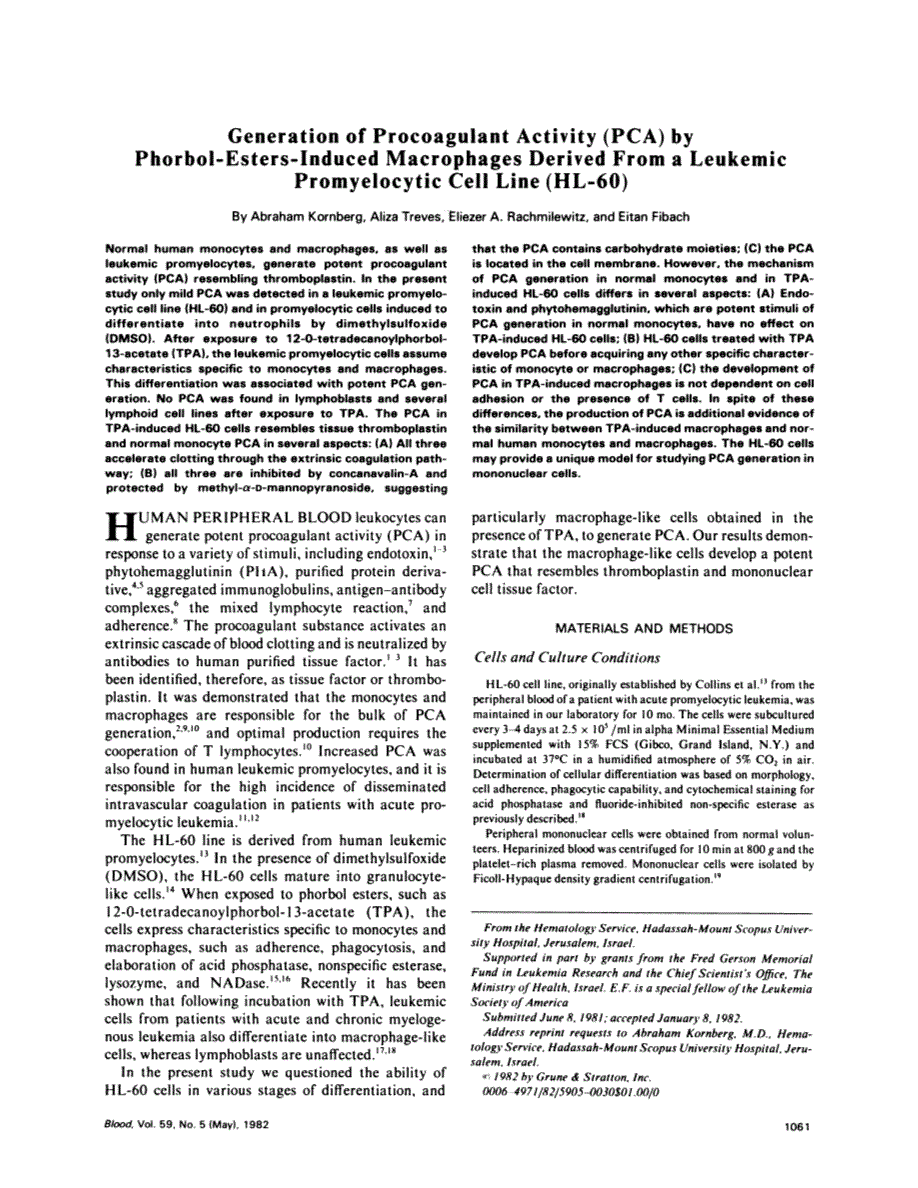 First page of Generation of procoagulant activity (PCA) by phorbol-esters-induced macrophages derived from a leukemic promyelocytic cell line (HL-60)