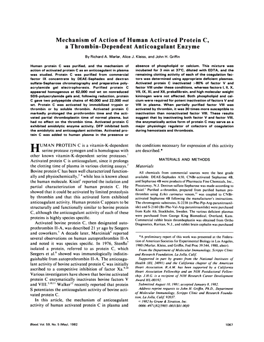 First page of Mechanism of action of human activated protein C, a thrombin-dependent anticoagulant enzyme