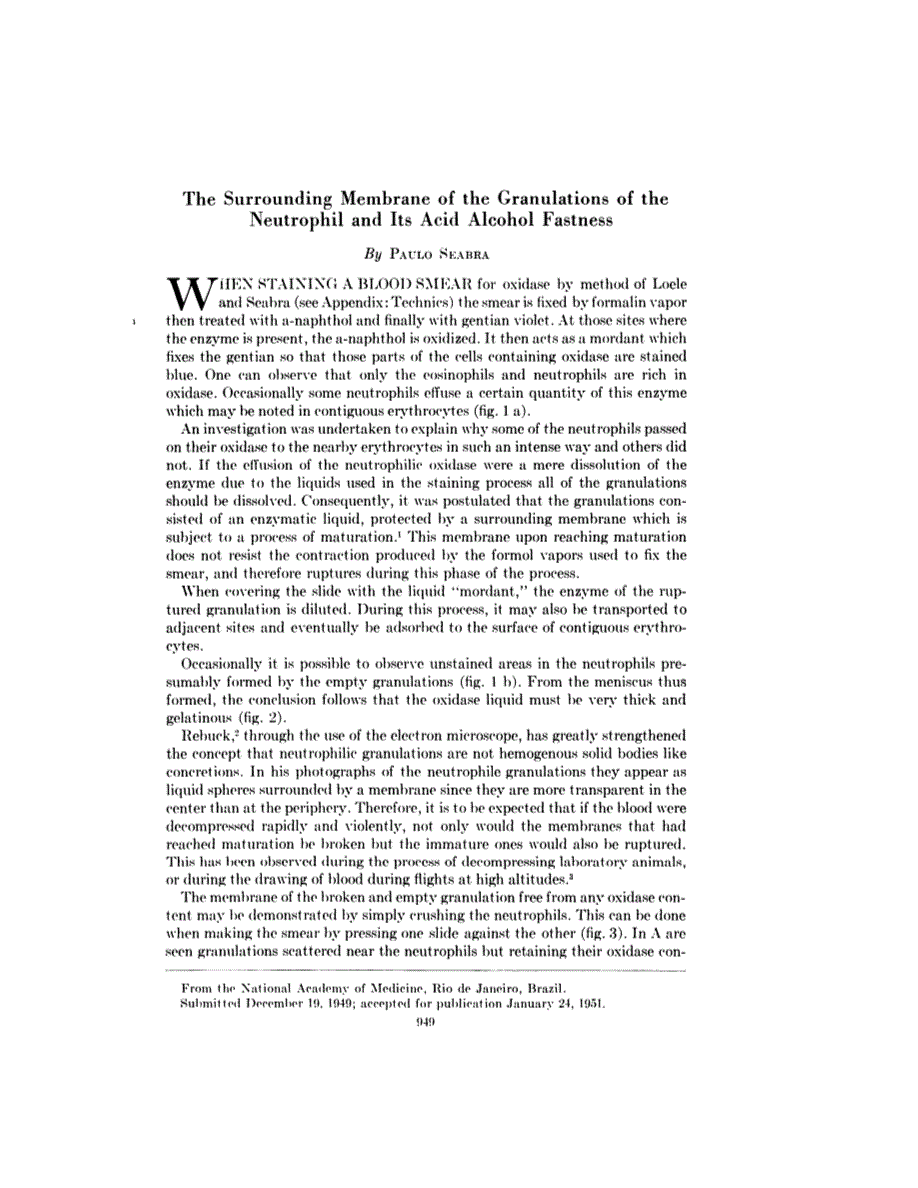First page of The Surrounding Membrane of the Granulations of the Neutrophil and Its Acid Alcohol Fastness