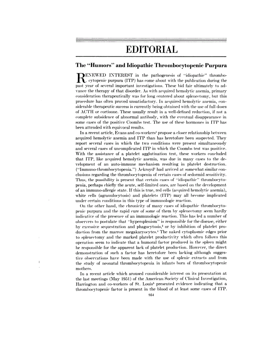 First page of Editorial: The "Humors" and Idiopathic Thrombocytopenic Purpura