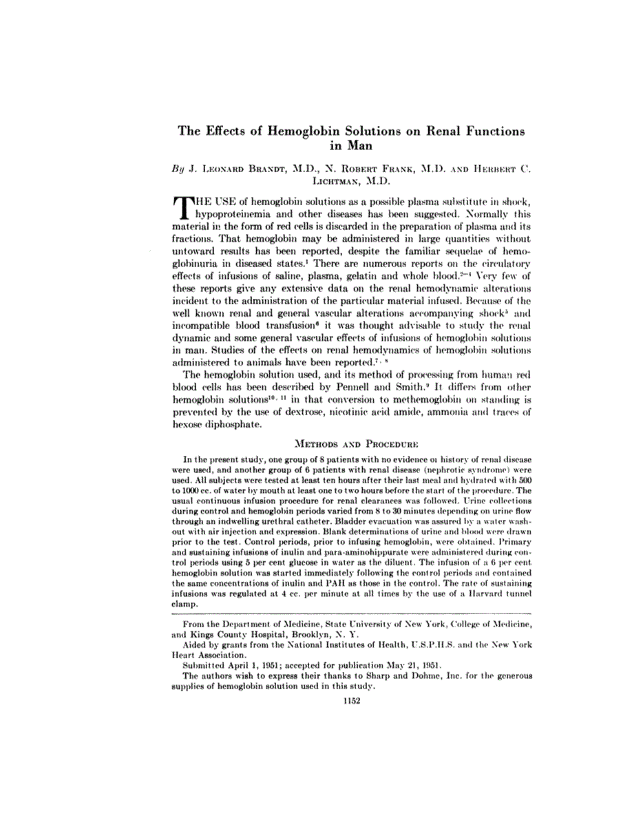 First page of The Effects of Hemoglobin Solutions on Renal Functions in Man