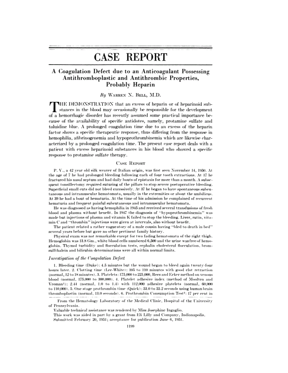 First page of Case Report: A Coagulation Defect due to an Anticoagulant Possessing Antithromboplastic and Antithrombic Properties, Probably Heparin