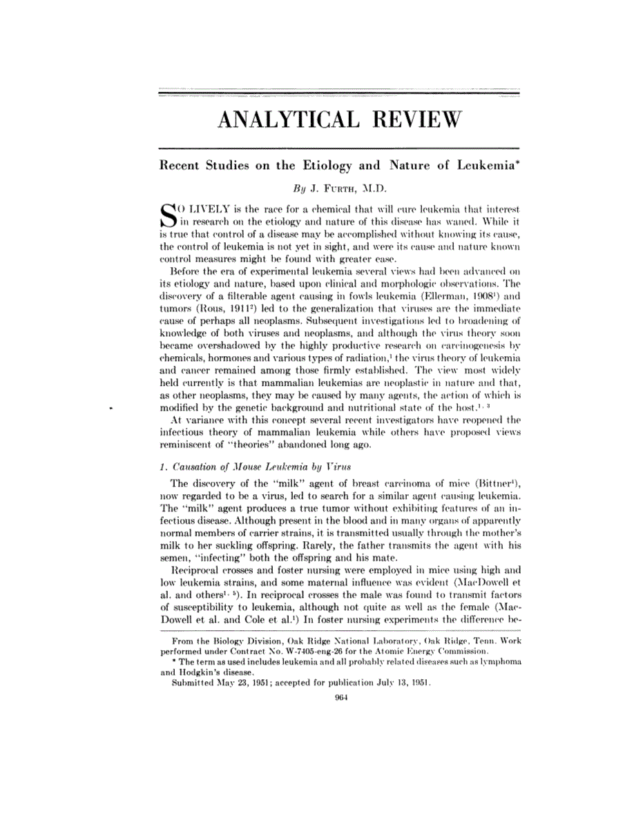 First page of Analytical Review: Recent Studies on the Etiology and Nature of Leukemia