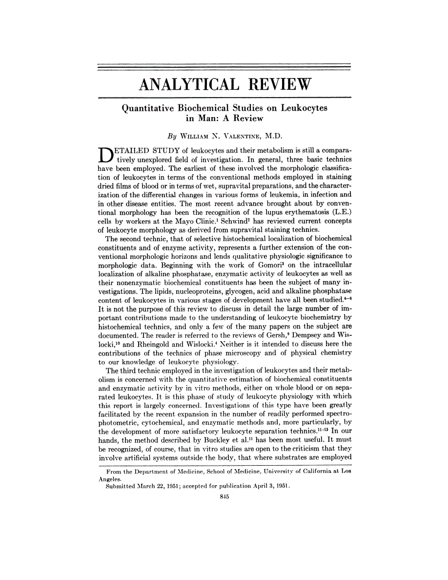 First page of Analytical Review: Quantitative Biochemical Studies on Leukocytes in Man: A Review