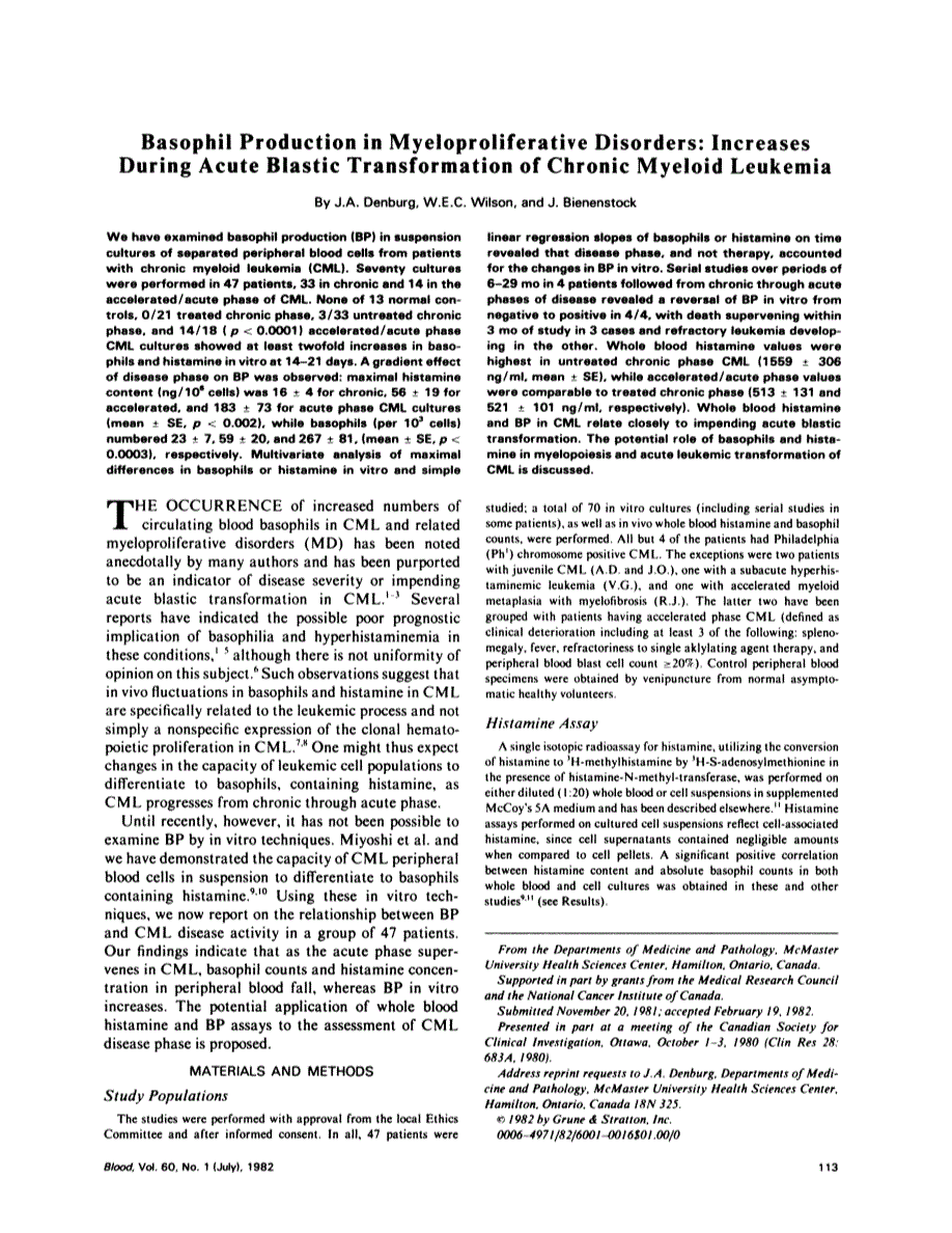 First page of Basophil production in myeloproliferative disorders: increases during acute blastic transformation of chronic myeloid leukemia