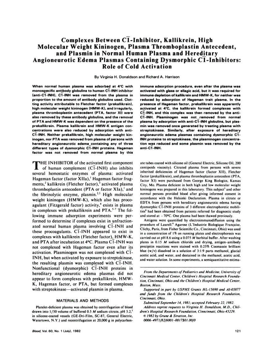 First page of Complexes between C1-inhibitor, kallikrein, high molecular weight kininogen, plasma thromboplastin antecedent, and plasmin in normal human plasma and hereditary angioneurotic edema plasmas containing dysmorphic C1-inhibitors: role of cold activation