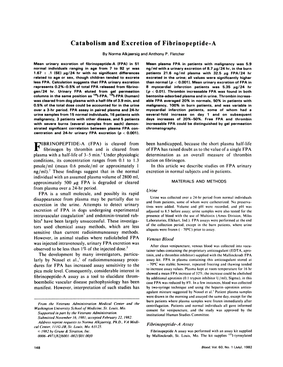 First page of Catabolism and excretion of fibrinopeptide-A