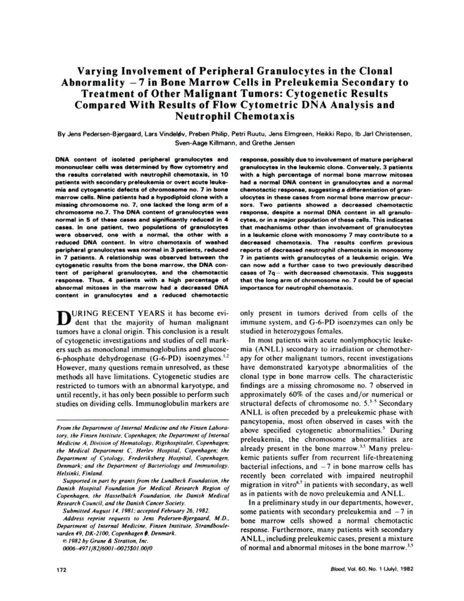 First page of Varying involvement of peripheral granulocytes in the clonal abnormality - 7 in bone marrow cells in preleukemia secondary to treatment of other malignant tumors: cytogenetic results compared with results of flow cytometric DNA analysis and neutrophil chemotaxis