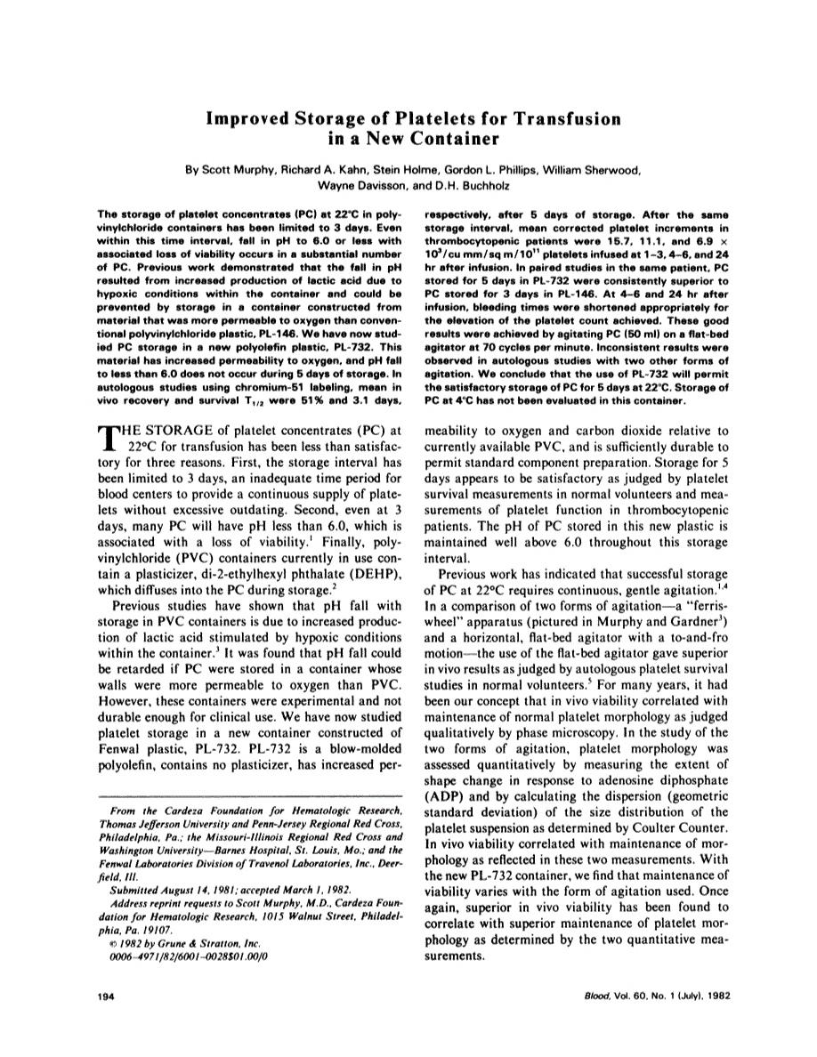 First page of Improved storage of platelets for transfusion in a new container