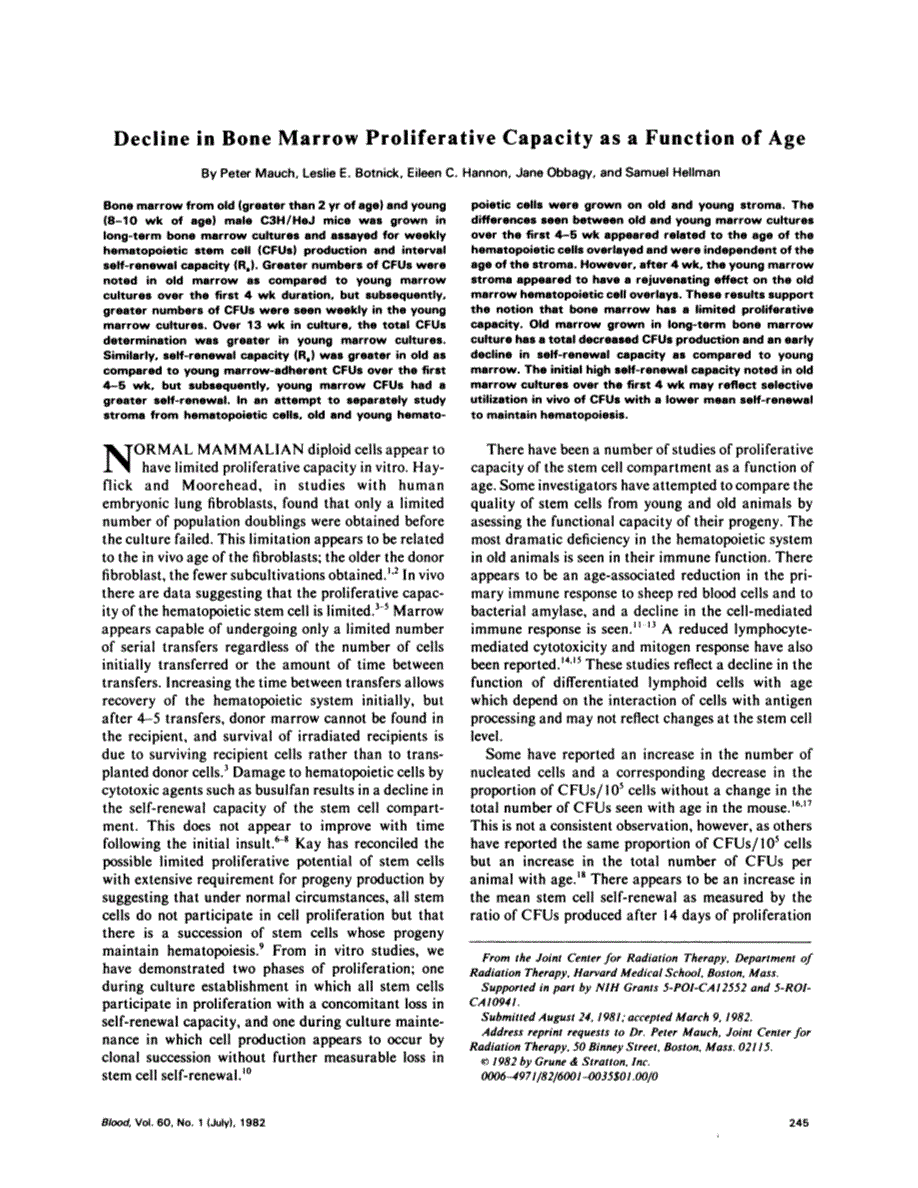 First page of Decline in bone marrow proliferative capacity as a function of age