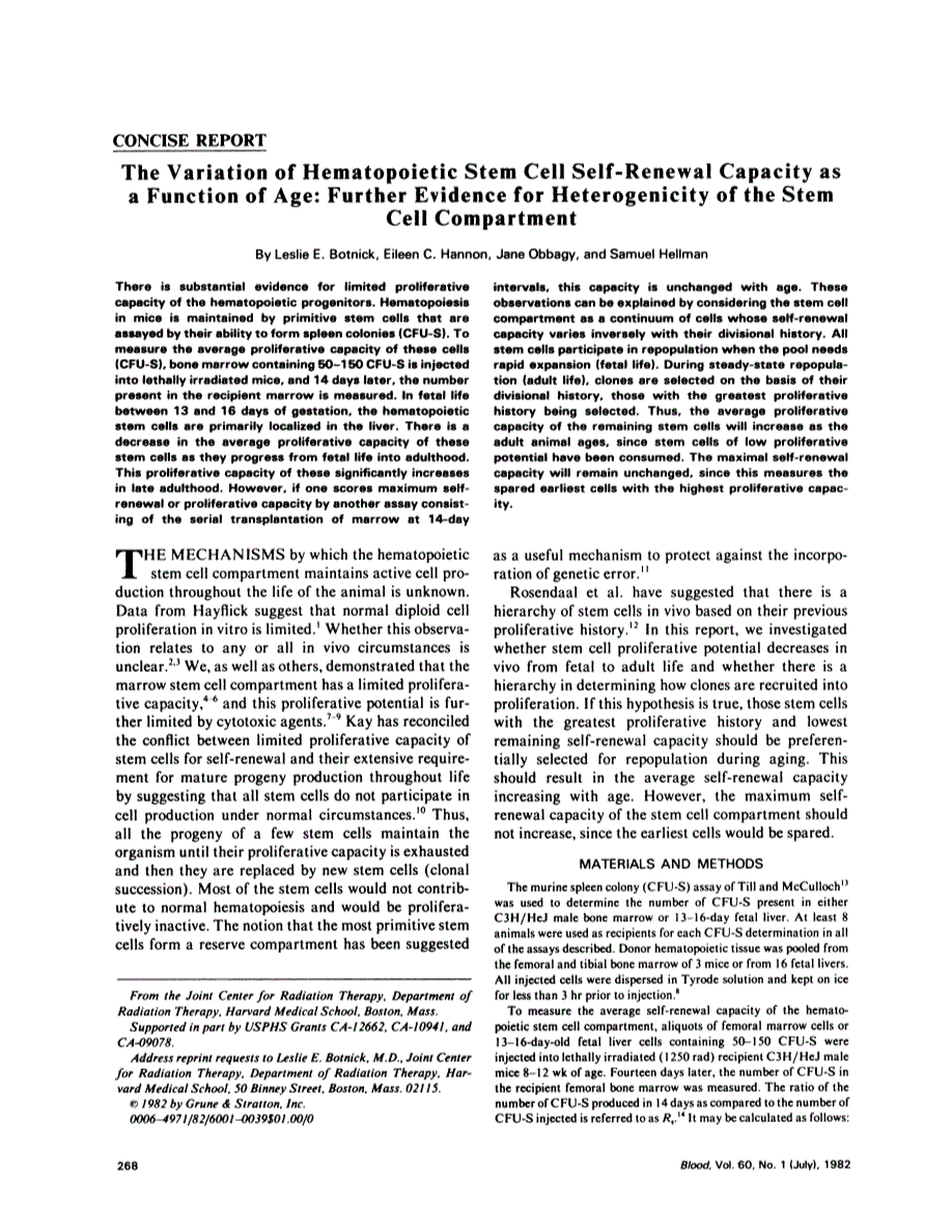 First page of The variation of hematopoietic stem cell self-renewal capacity as a function of age: further evidence for heterogenicity of the stem cell compartment