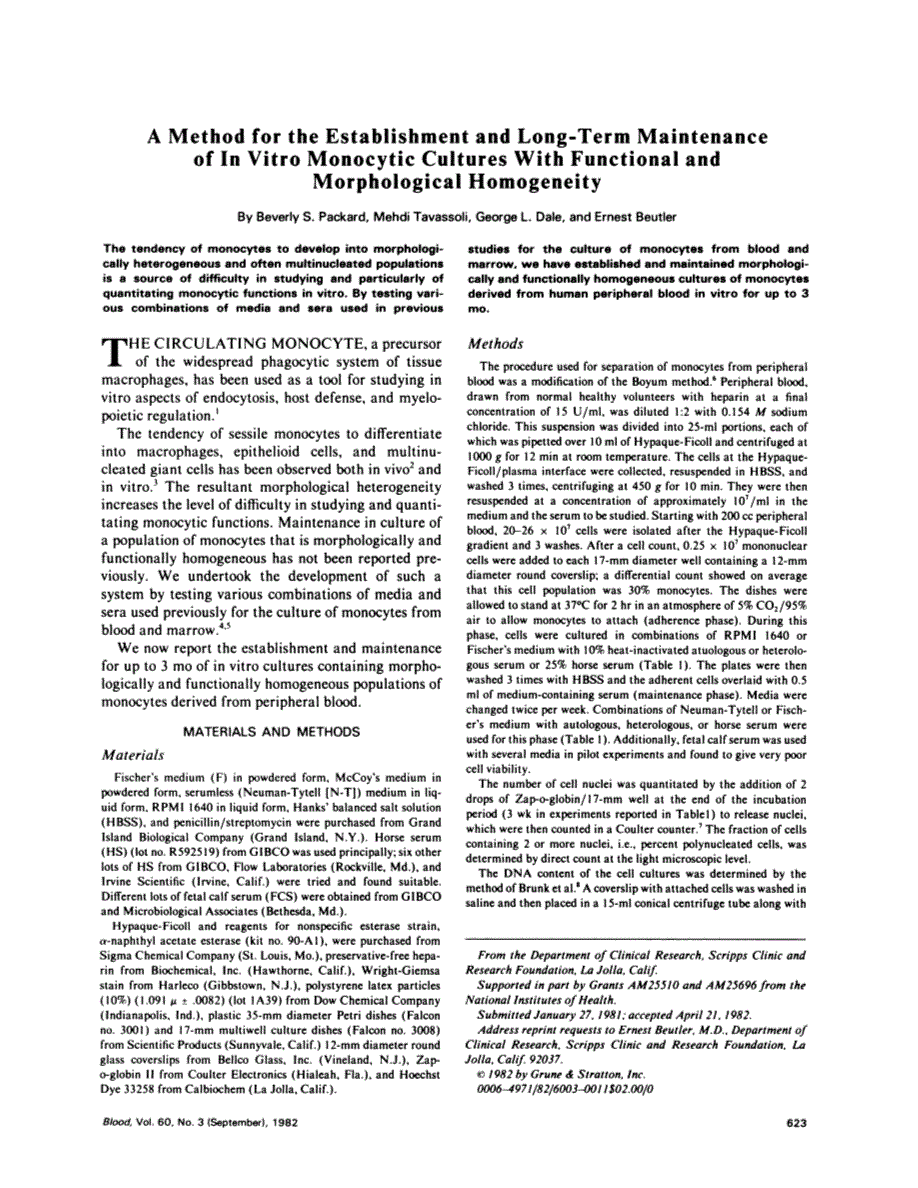 First page of A method for the establishment and long-term maintenance of in vitro monocytic cultures with functional and morphological homogeneity