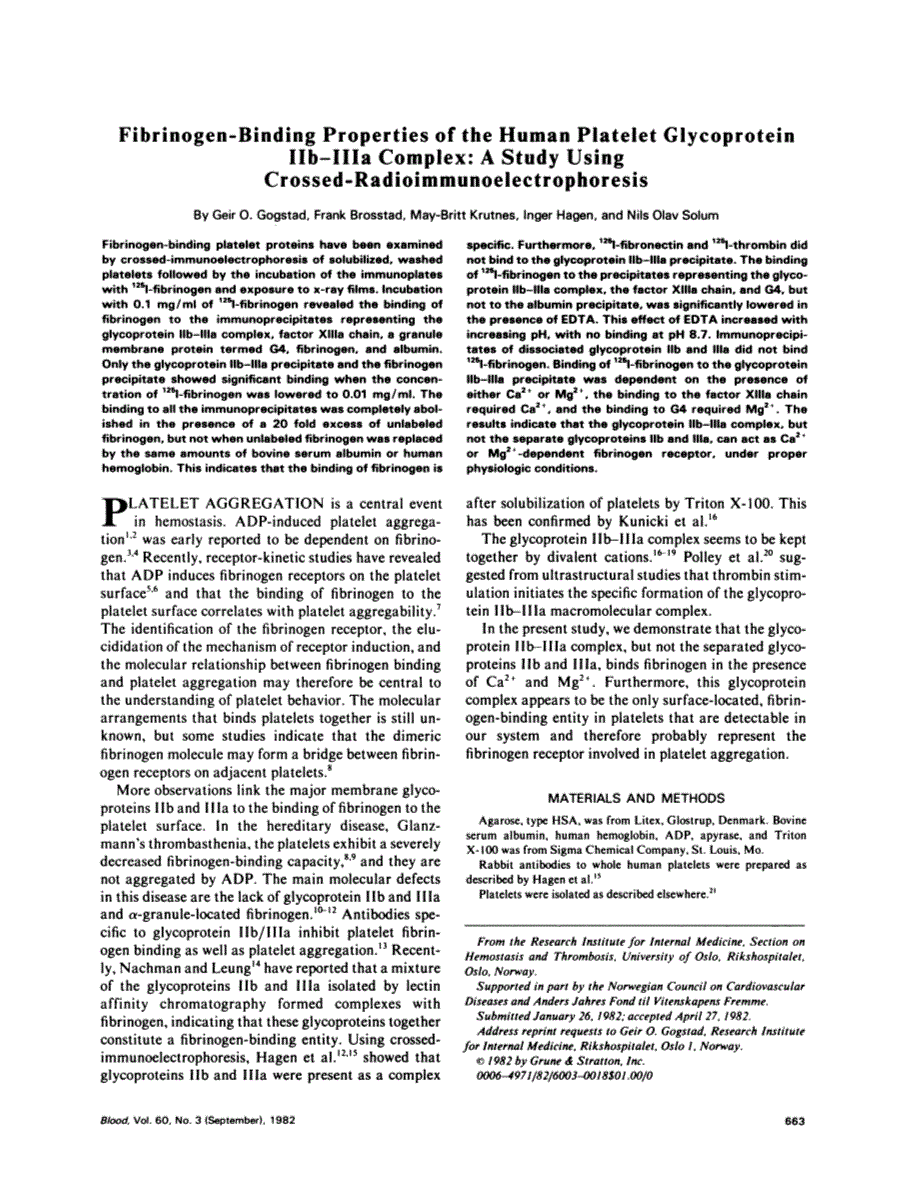 First page of Fibrinogen-binding properties of the human platelet glycoprotein IIb- =IIIa complex: a study using crossed-radioimmunoelectrophoresis