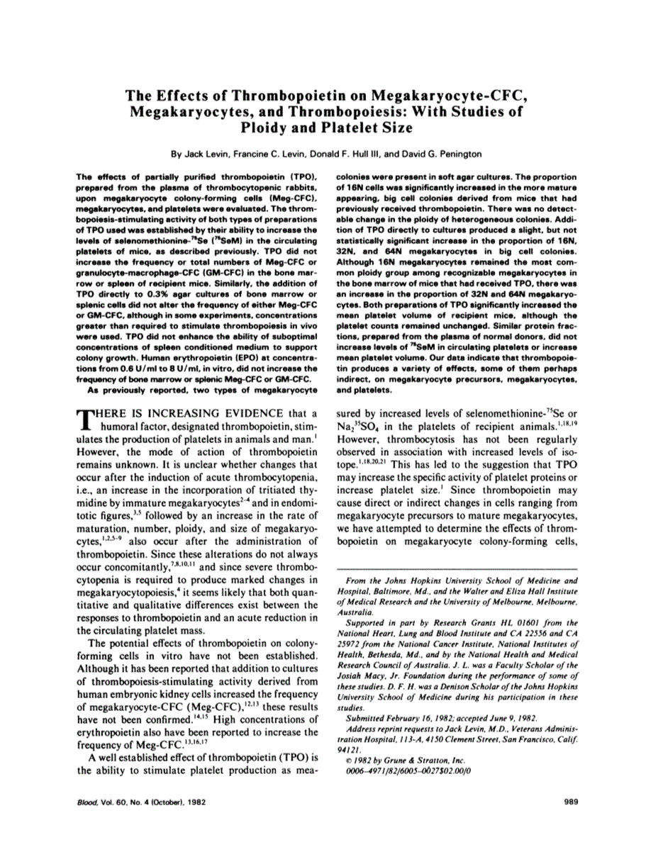 First page of The effects of thrombopoietin on megakaryocyte-cfc, megakaryocytes, and thrombopoiesis: with studies of ploidy and platelet size