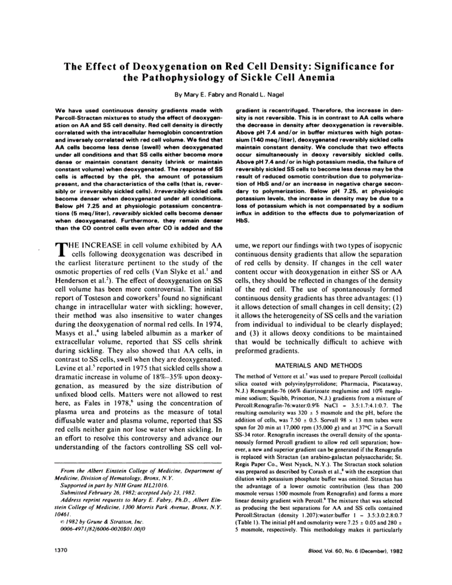 First page of The effect of deoxygenation on red cell density: significance for the pathophysiology of sickle cell anemia
