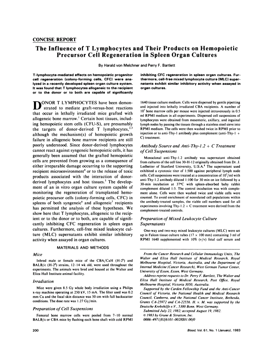 First page of The influence of T lymphocytes and their products on hemopoietic precursor cell regeneration in spleen organ cultures