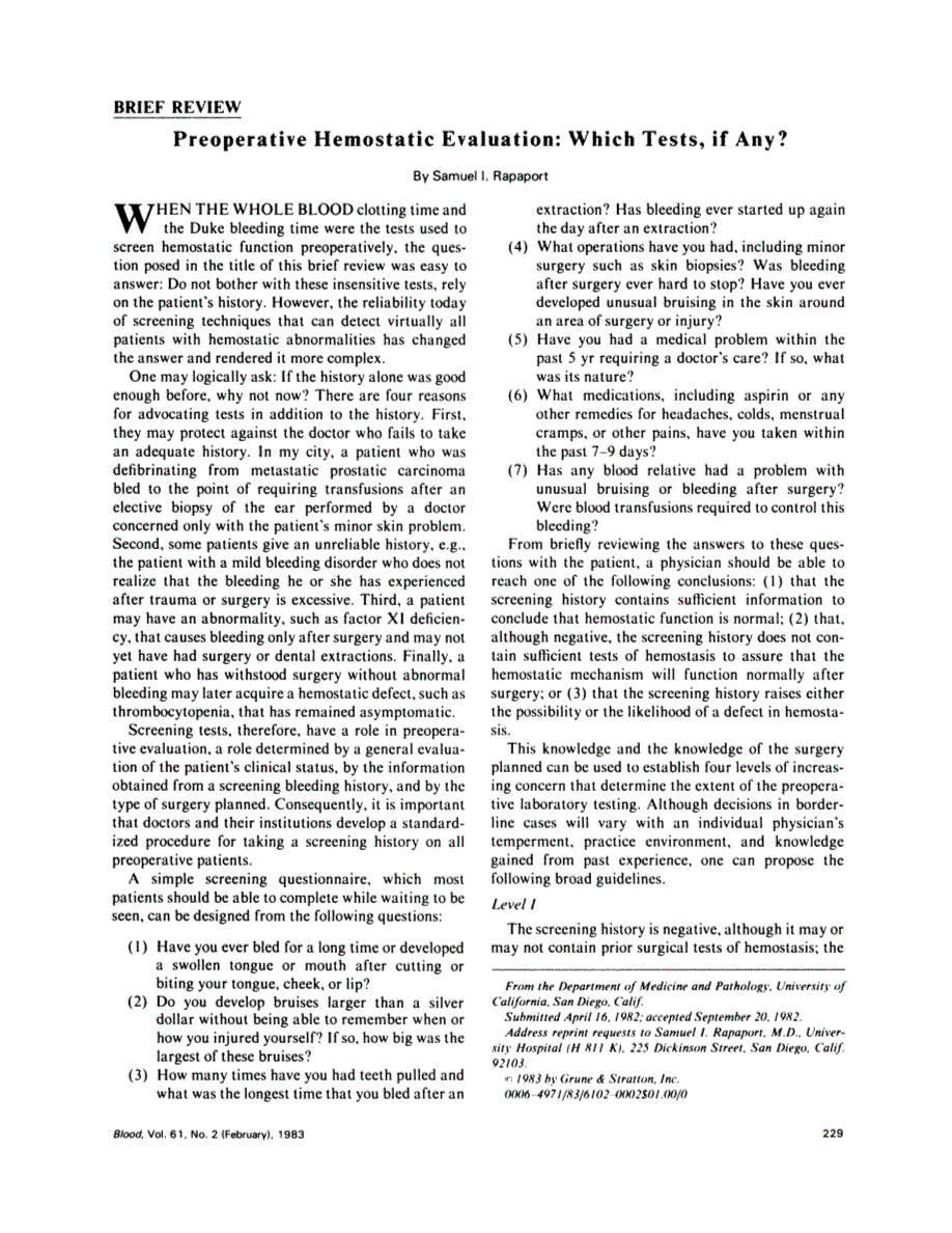 First page of Preoperative hemostatic evaluation: which tests, if any?