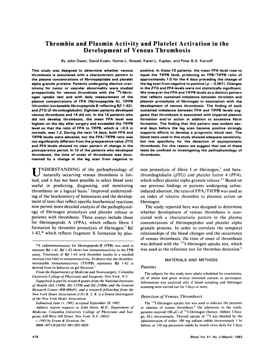 First page of Thrombin and plasmin activity and platelet activation in the development of venous thrombosis