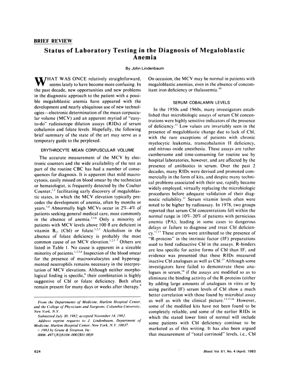 First page of Status of laboratory testing in the diagnosis of megaloblastic anemia