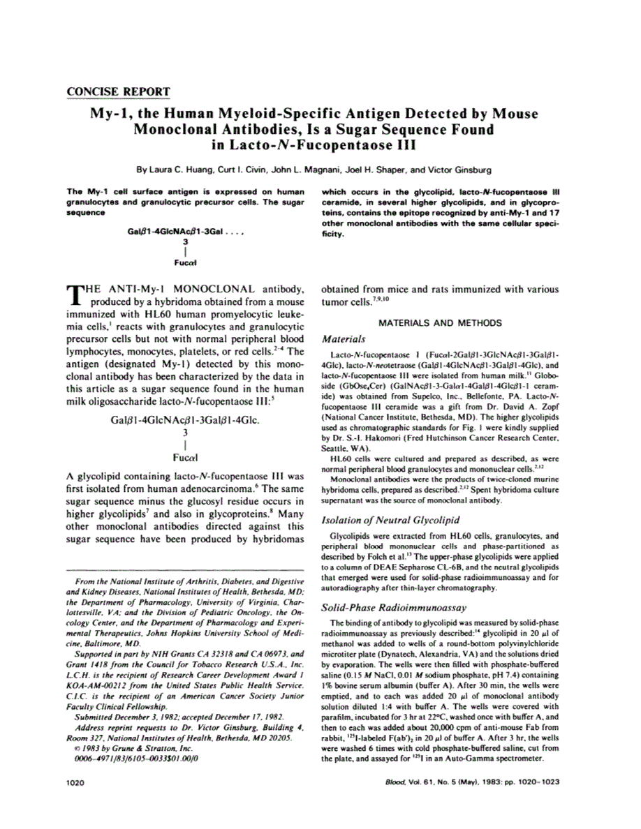 First page of My-1, the human myeloid-specific antigen detected by mouse monoclonal antibodies, is a sugar sequence found in lacto-N-fucopentaose III