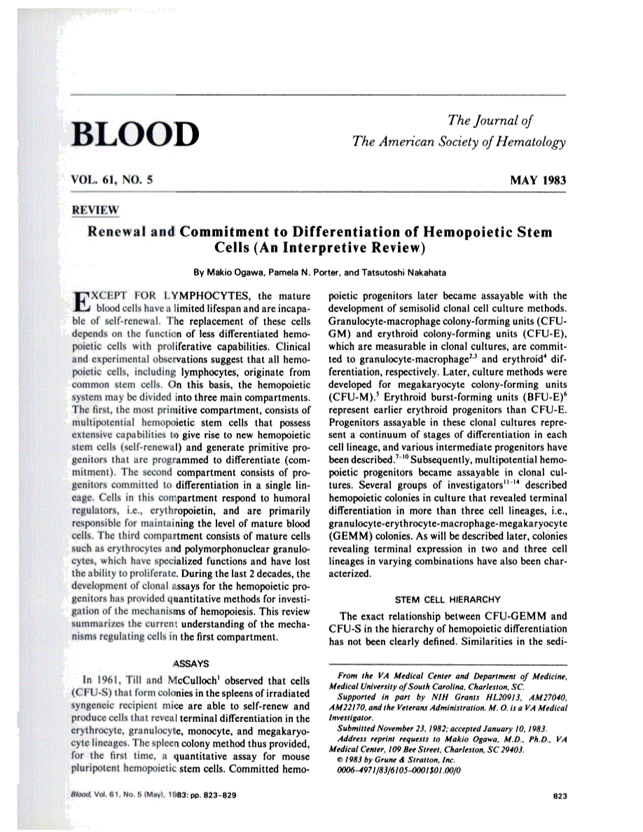 First page of Renewal and commitment to differentiation of hemopoietic stem cells (an interpretive review)