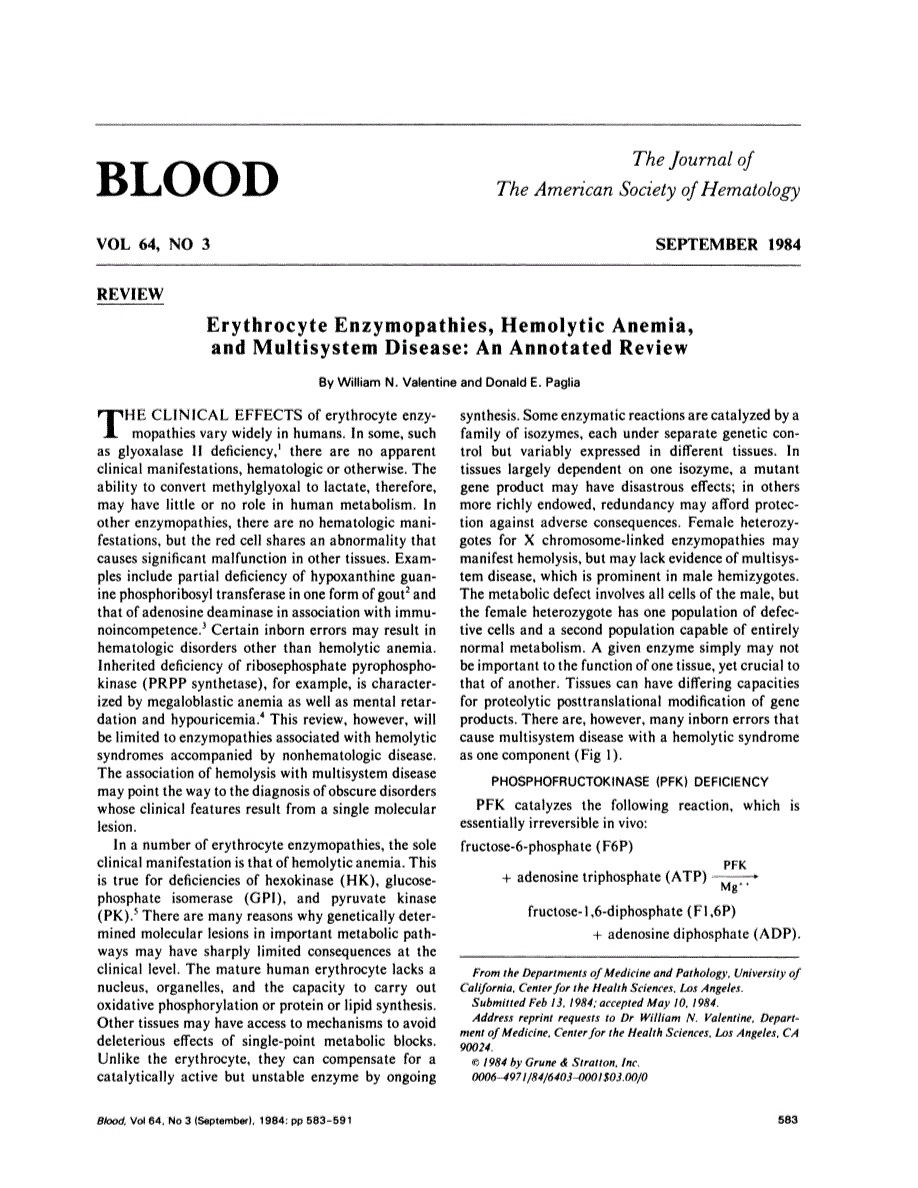 First page of Erythrocyte enzymopathies, hemolytic anemia, and multisystem disease: an annotated review