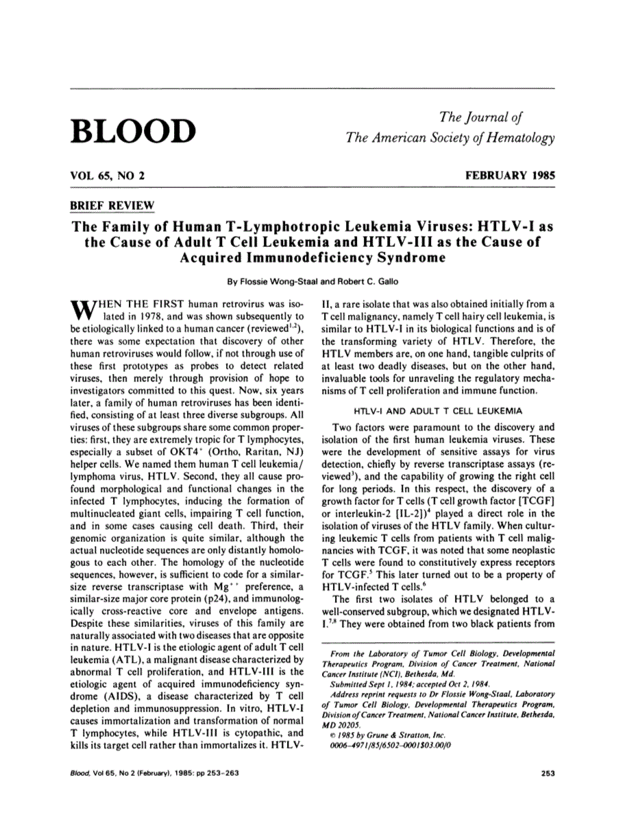 First page of The family of human T-lymphotropic leukemia viruses: HTLV-I as the cause of adult T cell leukemia and HTLV-III as the cause of acquired immunodeficiency syndrome