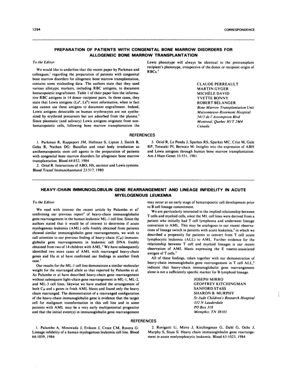 First page of Heavy chain immunoglobulin gene arrangement and lineage infidelity in acute myelogenous leukemia (letter)