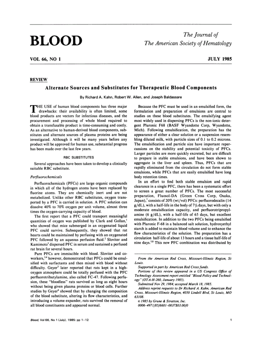 First page of Alternate sources and substitutes for therapeutic blood components