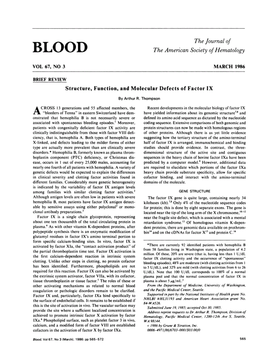 First page of Structure, function, and molecular defects of factor IX