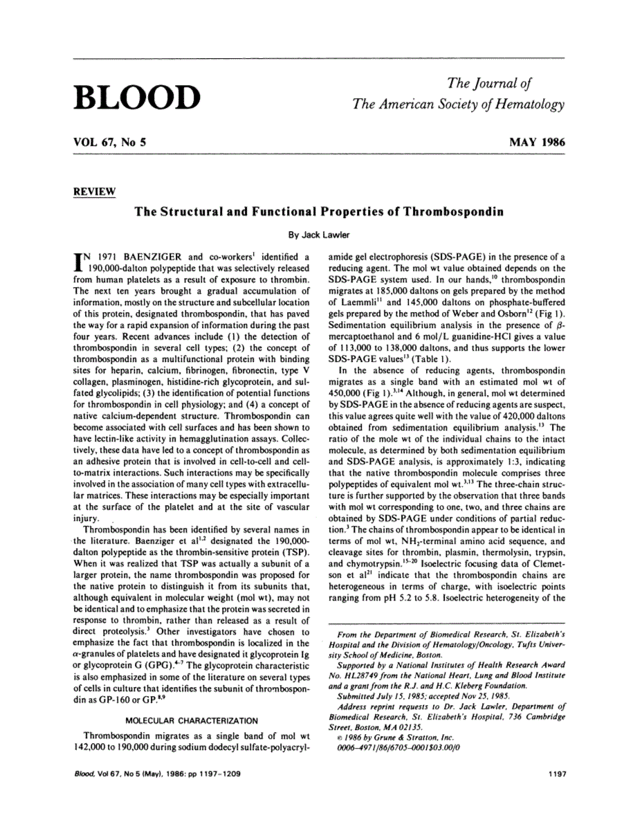 First page of The structural and functional properties of thrombospondin