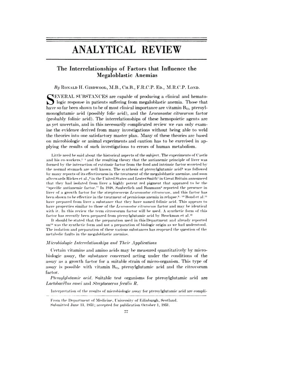 First page of Analytical Review: The Interrelationships of Factors that Influence the Megaloblastic Anemias