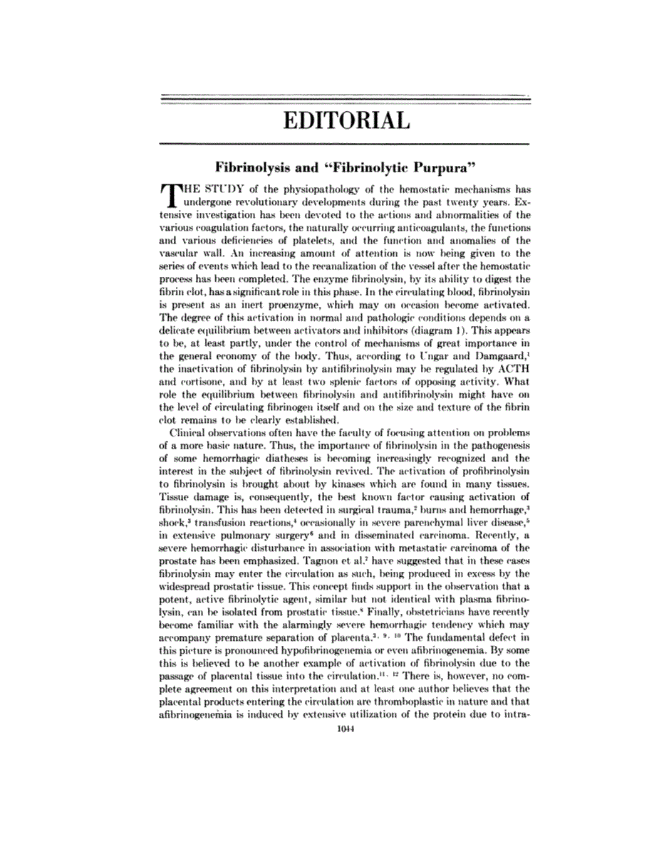 First page of Editorial: Fibrinolysis and "Fibrinolytic Purpura"