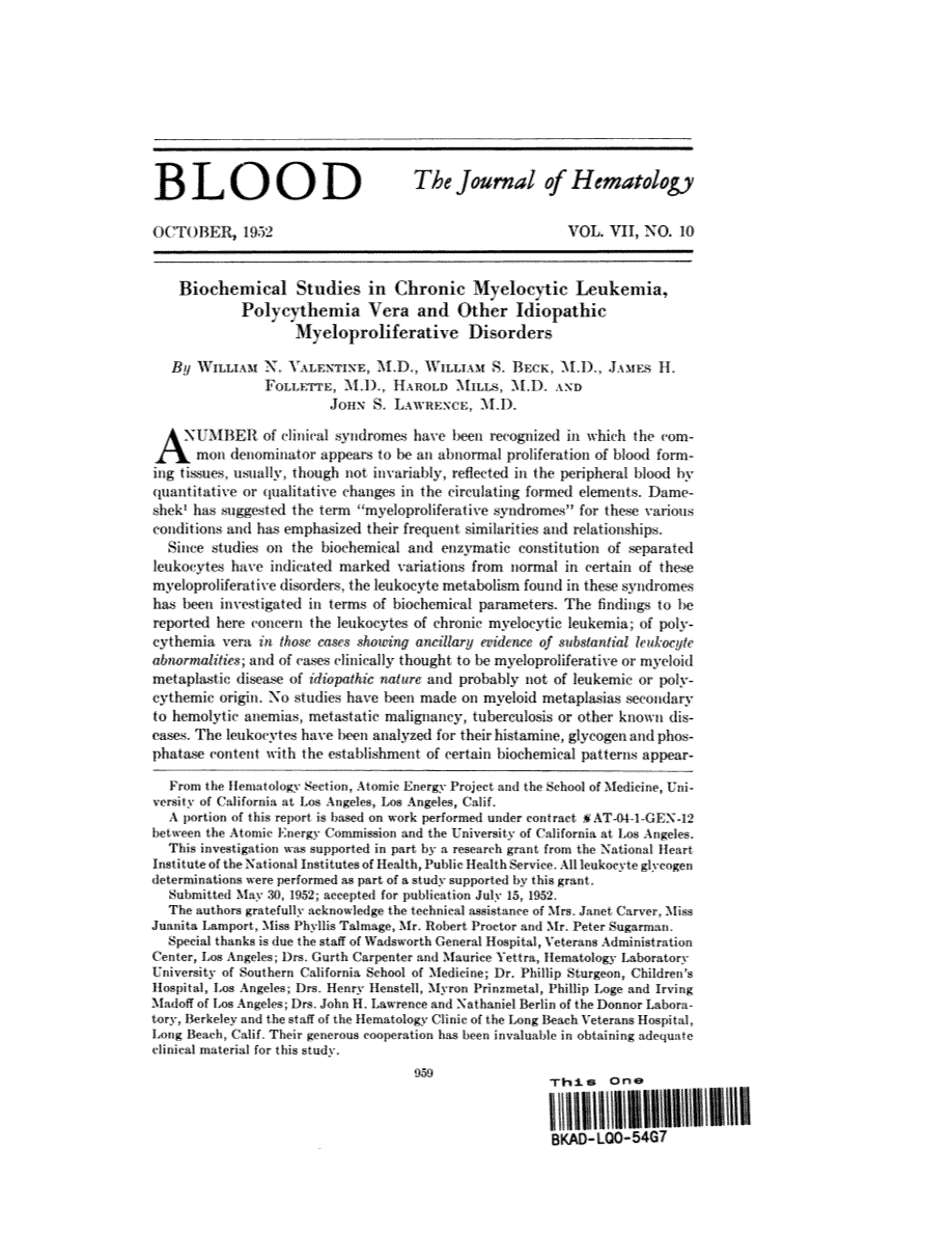 First page of Biochemical Studies in Chronic Myelocytic Leukemia, Polycythemia Vera and Other Idiopathic Myeloproliferative Disorders