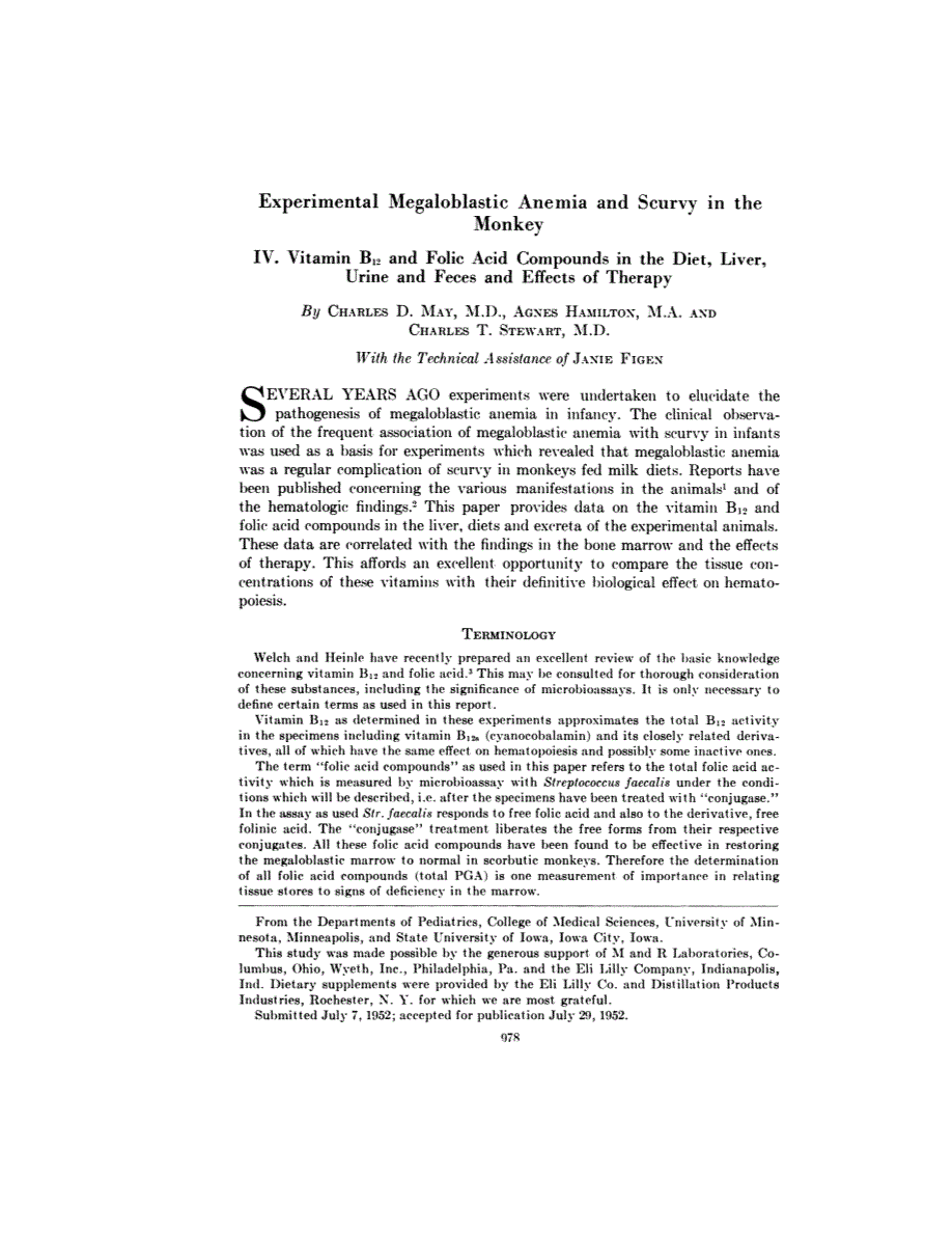 First page of Experimental Megaloblastic Anemia and Scurvy in the Monkey <subtitle>IV. Vitamin B<sub>12</sub> and Folic Acid Compounds in the Diet, Liver, Urine and Feces and Effects of Therapy</subtitle>